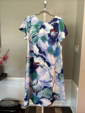 Calvin Klein Floral Midi Dress in Blue, Green & White